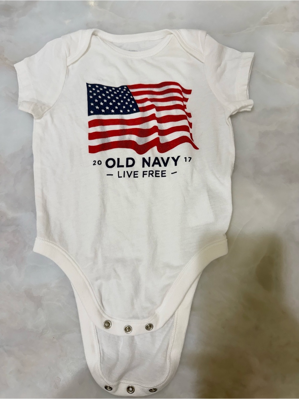 Old Navy White Baby One-Piece with Red and Blue Flag Graphic